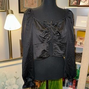 Kirious Tie Up Bell Sleeve Black Satin Crop Top